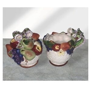 Vintage 1970’s Ceramic Colorful Fruit With Bow Sugar Bowl & Creamer Pitcher
